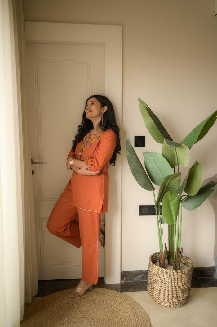 Grisha Embroidered Coord Set- Orange