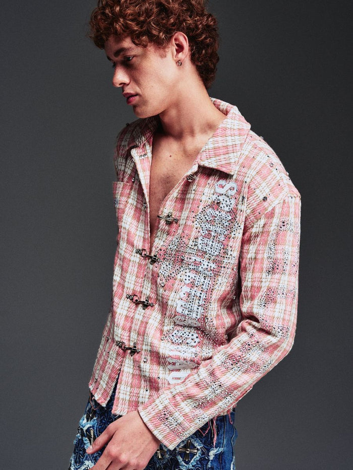 Guapi 'French Rose' plaid shirt in pink and white, casual long-sleeve button-up with a classic checkered pattern.