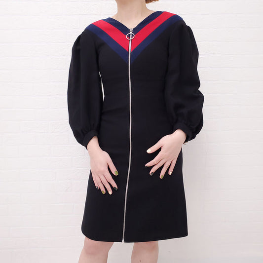 GUCCI BLACK ZIPPER DRESS WITH RED & BLUE STRIPE COLLAR - SIZE 36