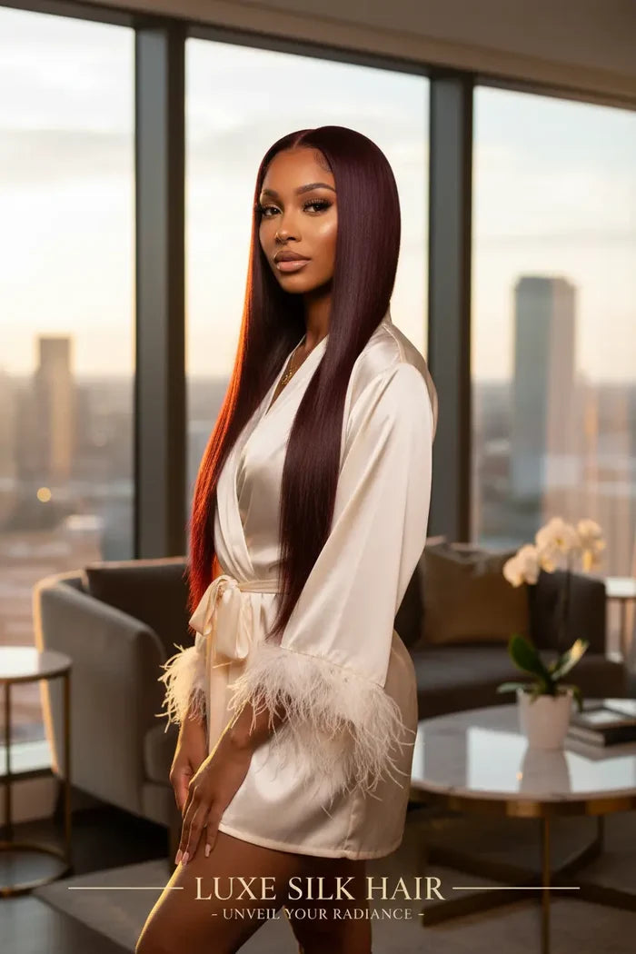 Woman in a white robe with feathered details standing in a modern living room with cityscape view.