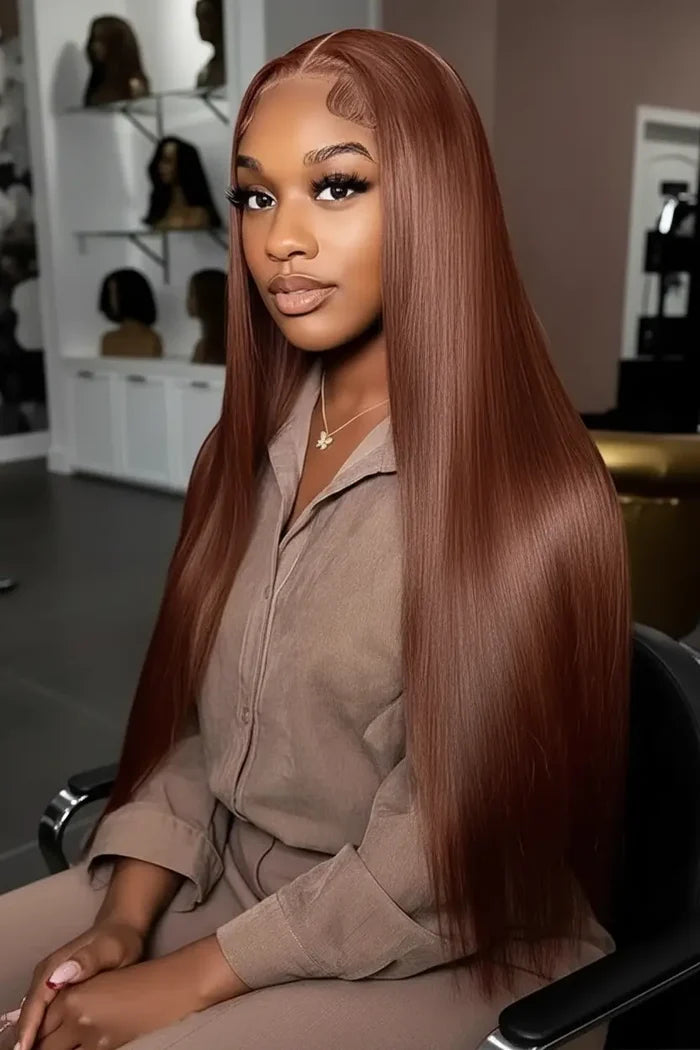 Side angle of natural hairline wig with smooth layers and polished everyday finish