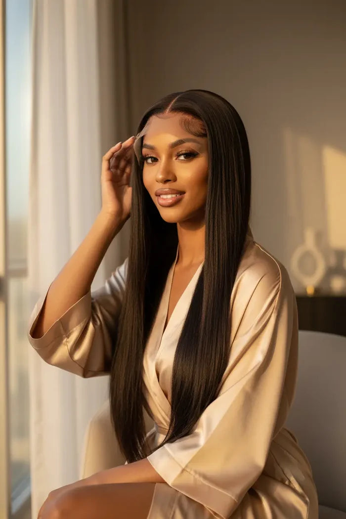 Flat lay of long straight human hair wig with glossy brown strands and clean lace front