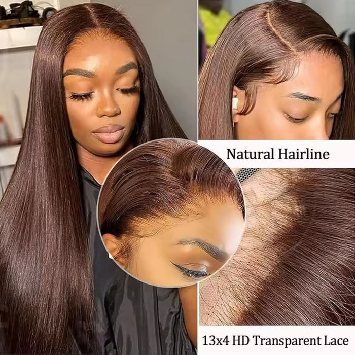 Woman with long straight hair and close-up details of a natural hairline and transparent lace.