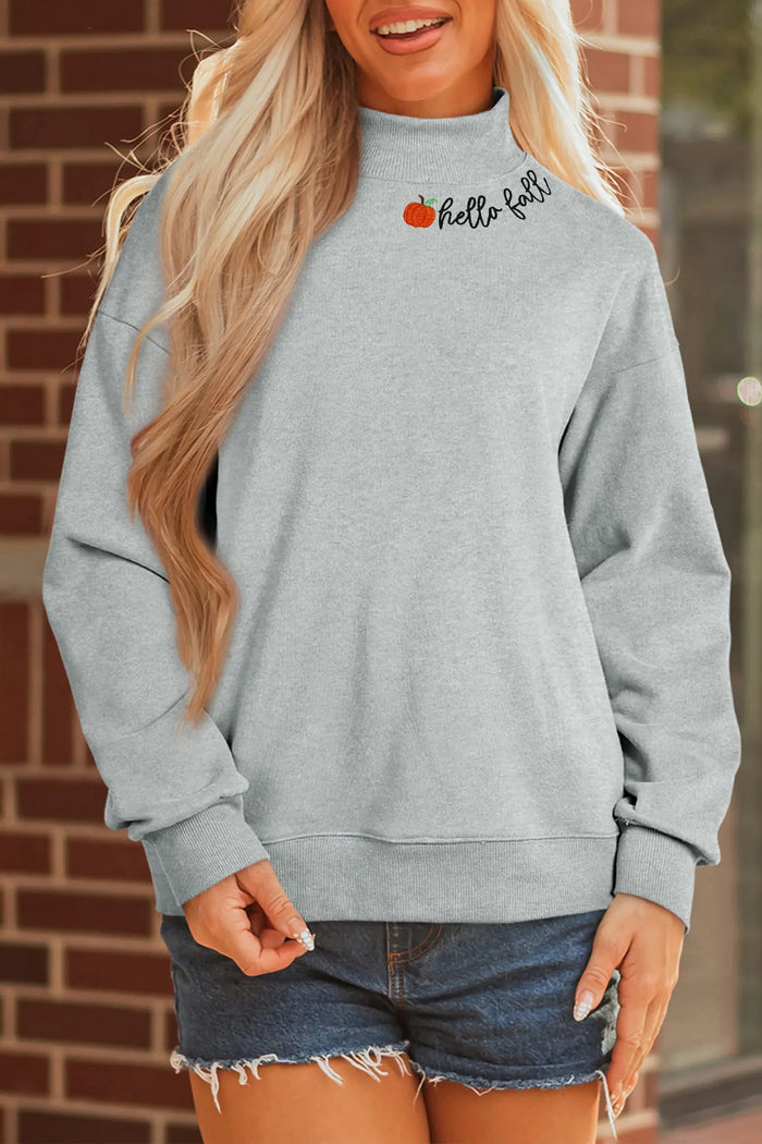 hello fall Embroidered Pumpkin Detail Mock Neck Sweatshirt – Gray