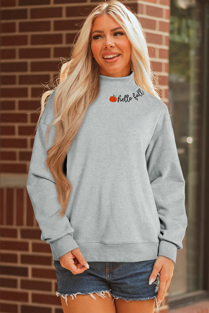hello fall Embroidered Pumpkin Detail Mock Neck Sweatshirt – Gray