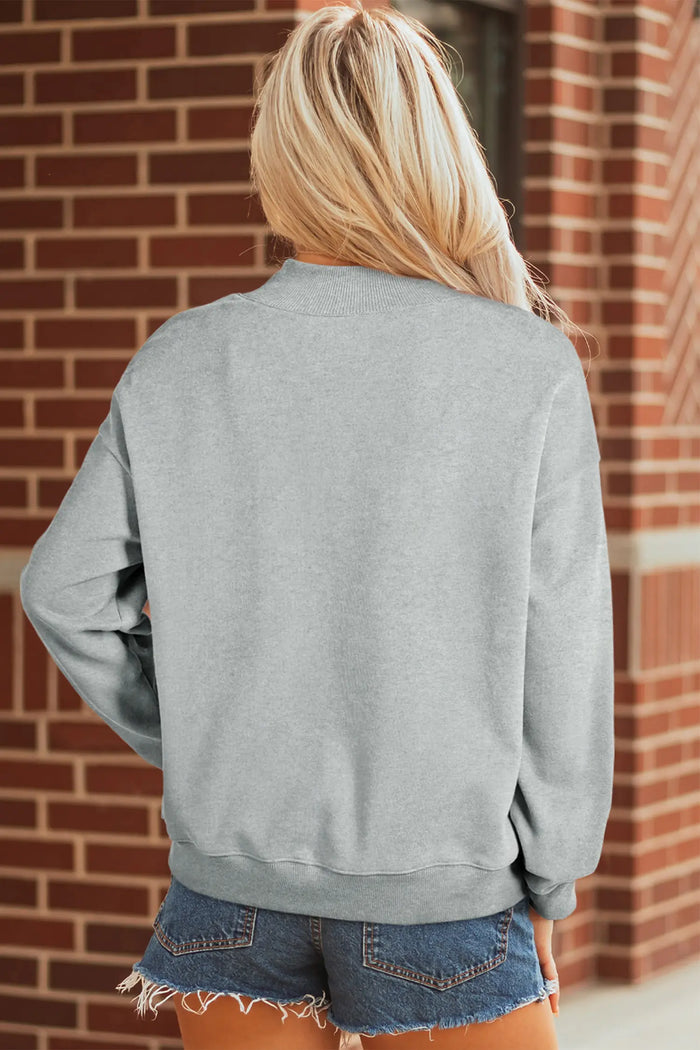 hello fall Embroidered Pumpkin Detail Mock Neck Sweatshirt – Gray