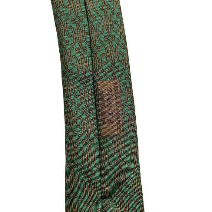 Hermes green silk tie with subtle sheen and logo detailing.