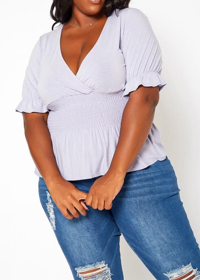 Hi Curvy Plus Size Smocked V Neck Top
