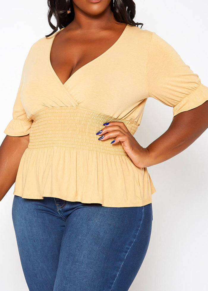 Hi Curvy Plus Size Smocked V Neck Top