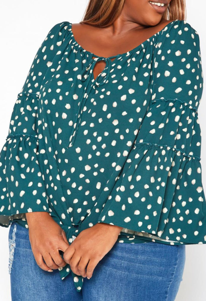 Hi Curvy Plus Size Women Polka Dotted Flare Sleeve Top made in USA