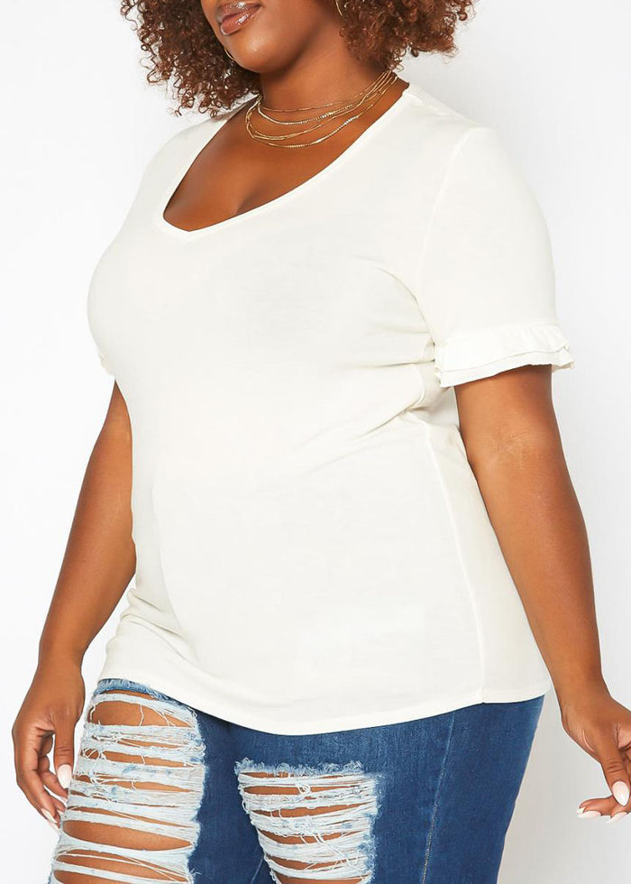 HI Curvy Plus Size Women Ruffle Trim V Neck Tee Shirt Made in USA