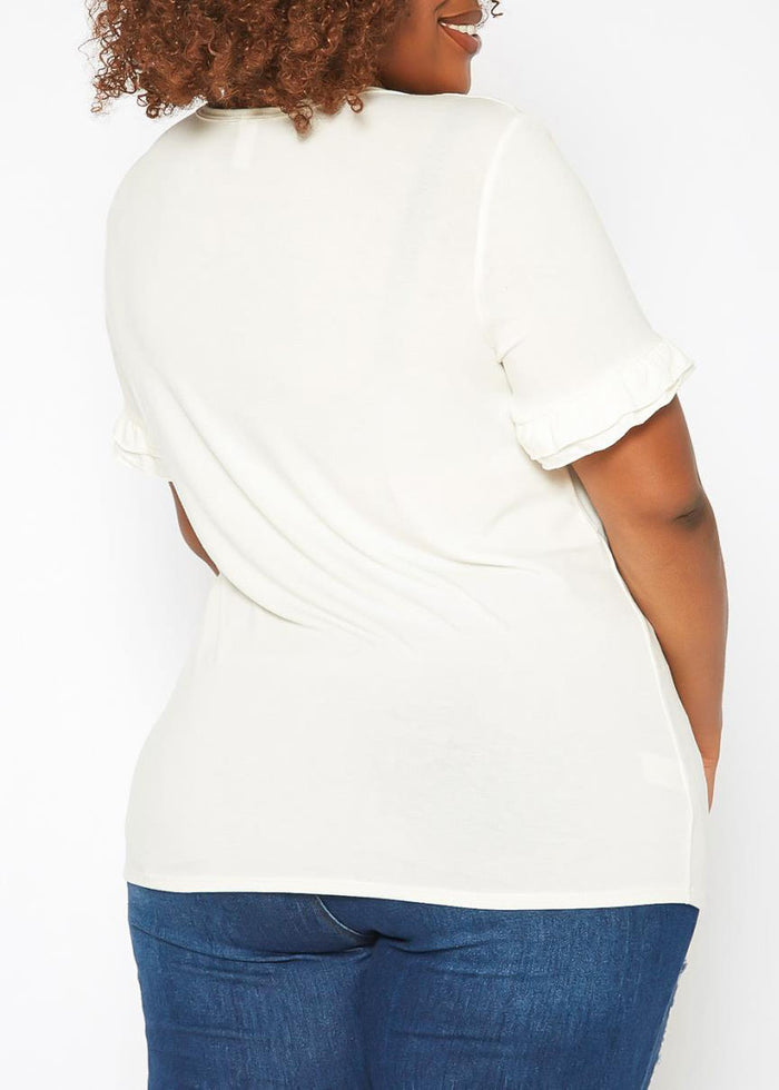 HI Curvy Plus Size Women Ruffle Trim V Neck Tee Shirt Made in USA