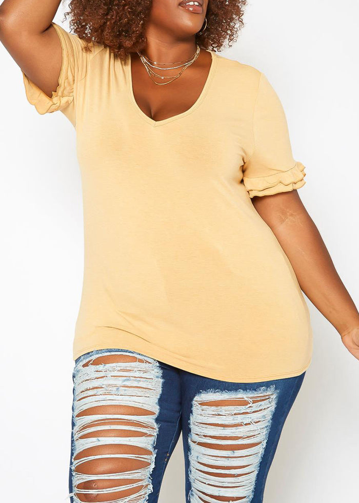 HI Curvy Plus Size Women Ruffle Trim V Neck Tee Shirt Made in USA