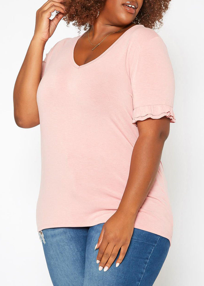HI Curvy Plus Size Women Ruffle Trim V Neck Tee Shirt Made in USA