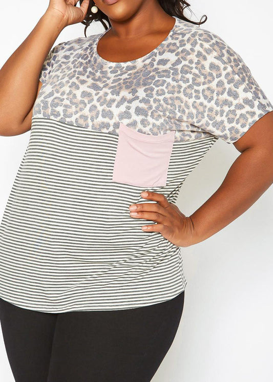 Hi Curvy Plus Size Women Splice Crew Neck T-Shirt Made in USA