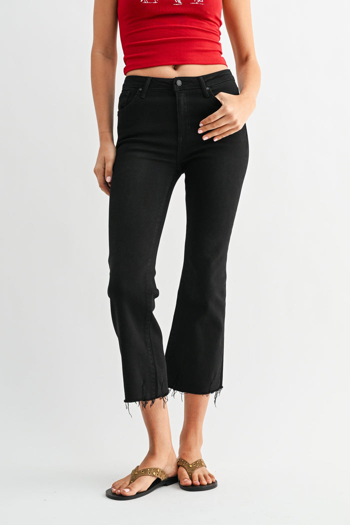 High Rise Crop Flare W/ Distressed Hem Jean