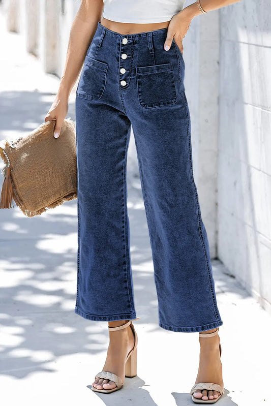 High Waist Button Front Wide Leg Cropped Jeans – Sail Blue
