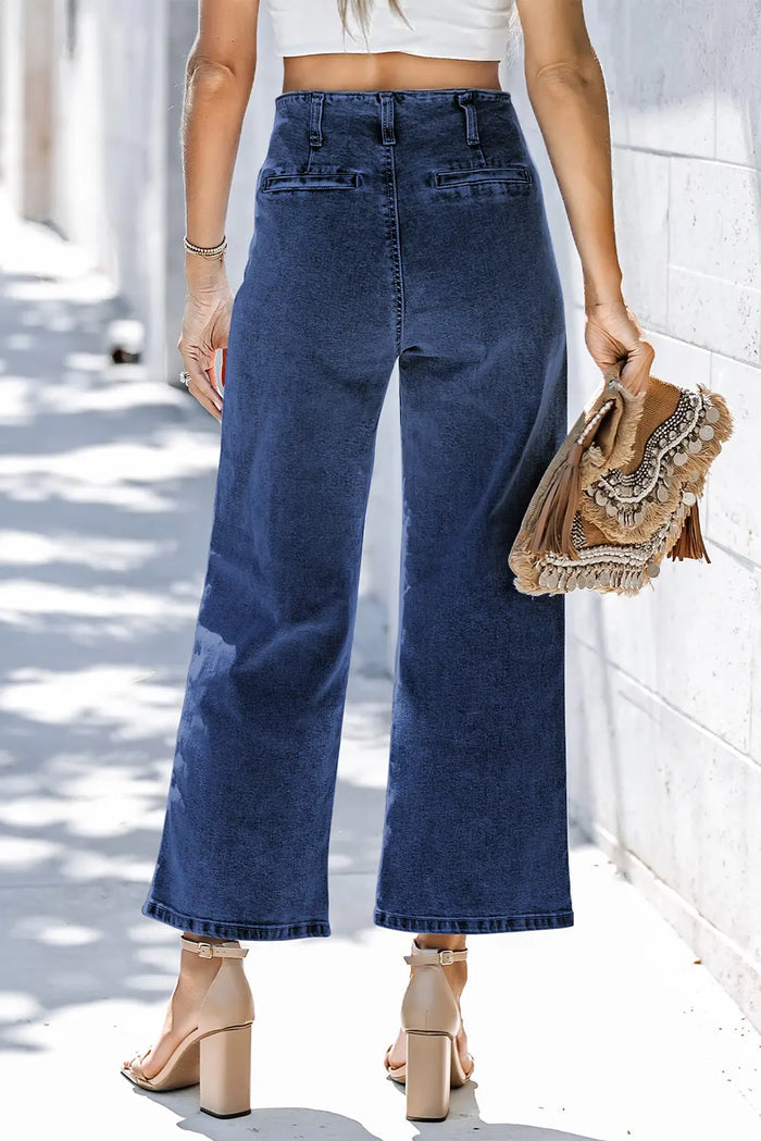 High Waist Button Front Wide Leg Cropped Jeans – Sail Blue