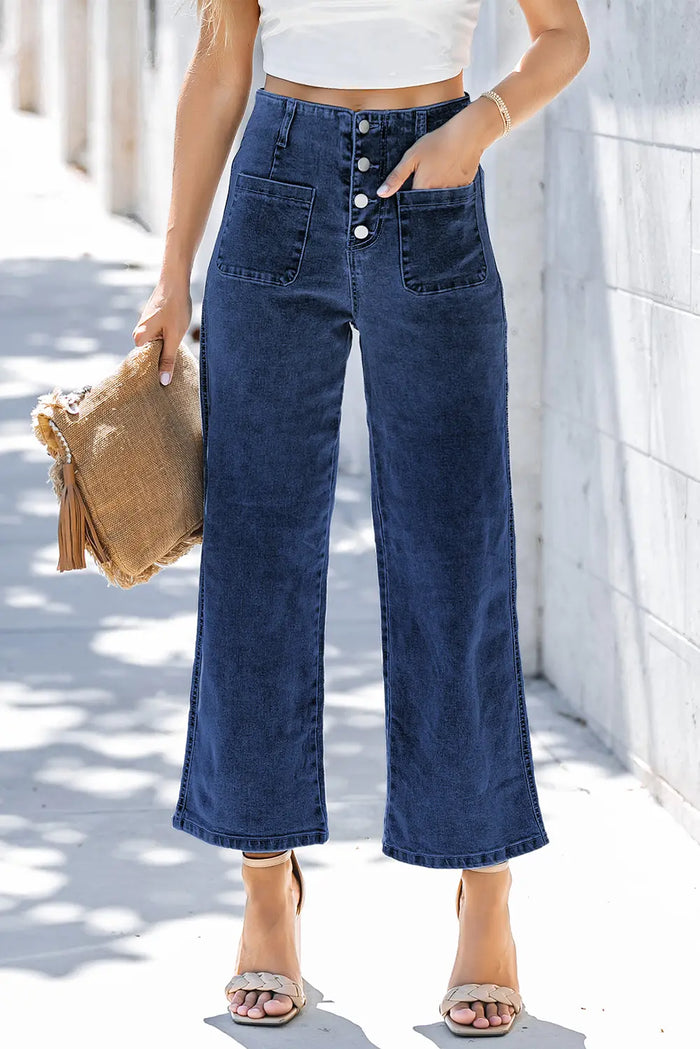 High Waist Button Front Wide Leg Cropped Jeans – Sail Blue