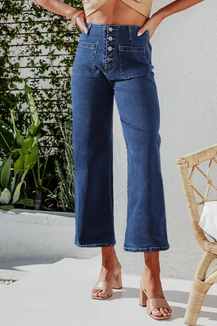 High Waist Button Front Wide Leg Cropped Jeans – Sail Blue