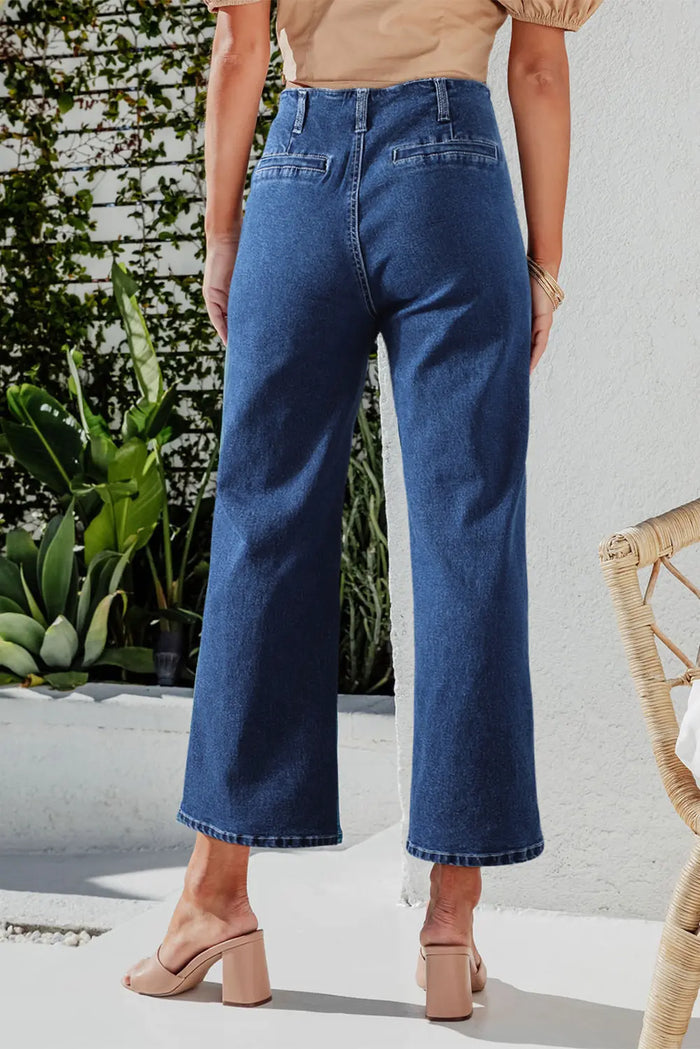 High Waist Button Front Wide Leg Cropped Jeans – Sail Blue