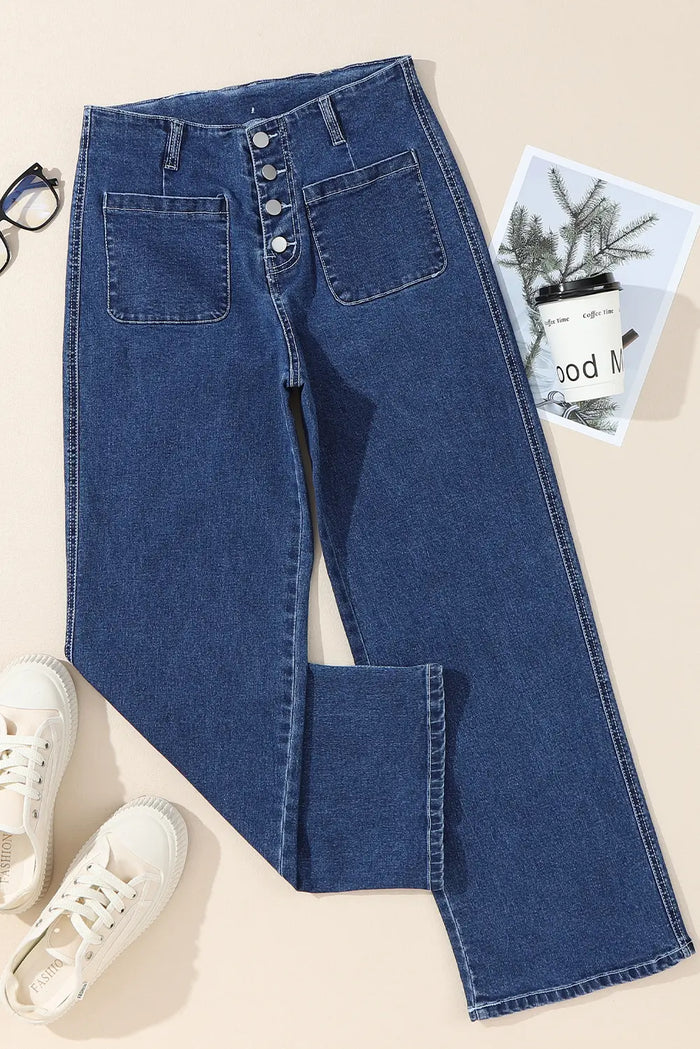 High Waist Button Front Wide Leg Cropped Jeans – Sail Blue