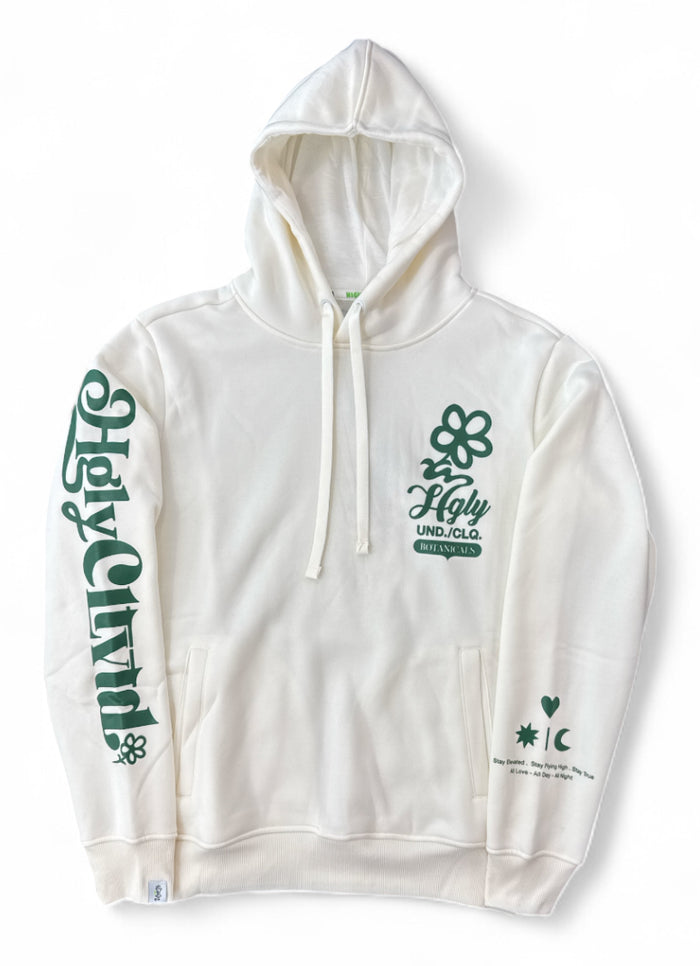 High-quality ivory and green hoodie by Highly Undrtd with botanical design, casual fit, and soft fabric.