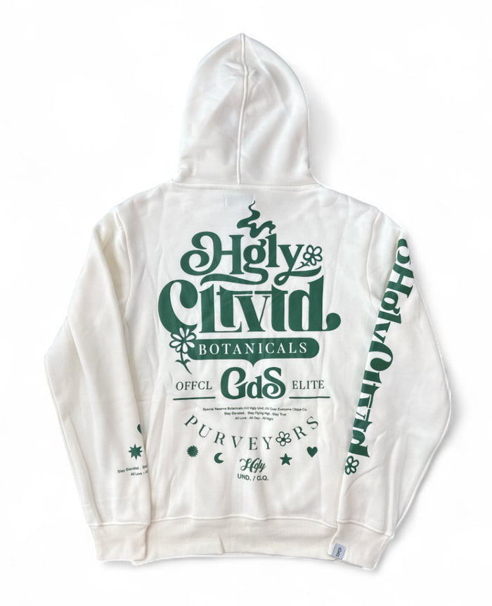 Highly Undrtd CLTVT Botanicals hoodie in ivory and green with a relaxed fit, featuring botanical print details.