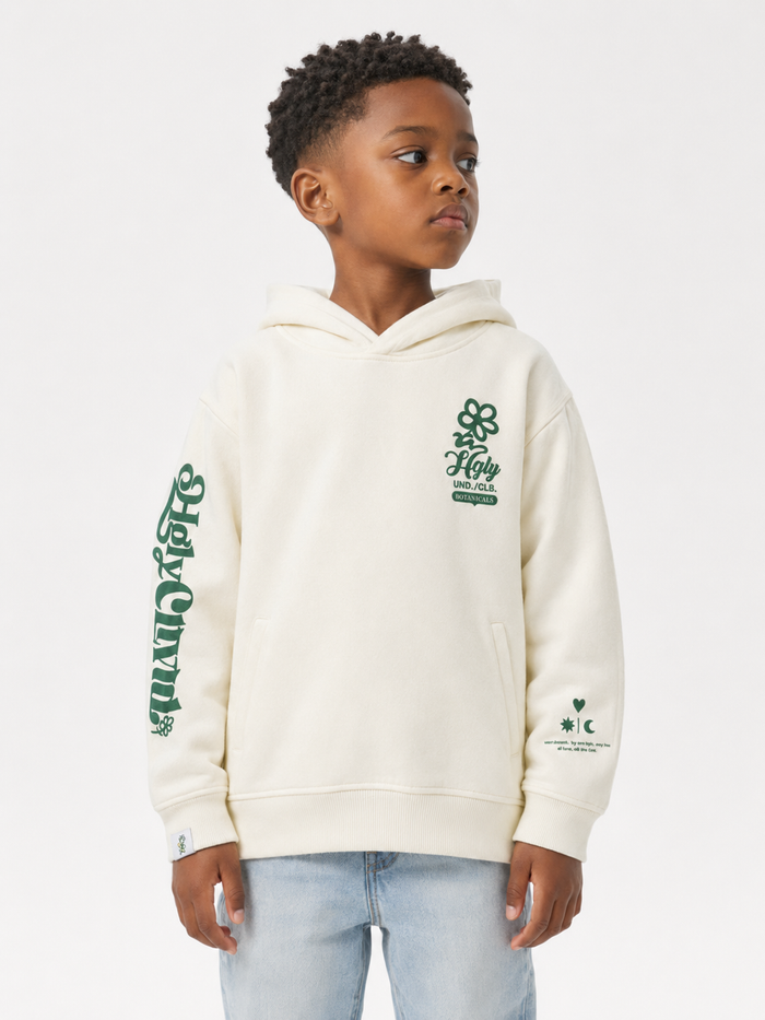 Highly Undrtd Kids botanical hoodie in ivory and green, featuring a stylish design for kids, made by Highly Undrtd Kids.