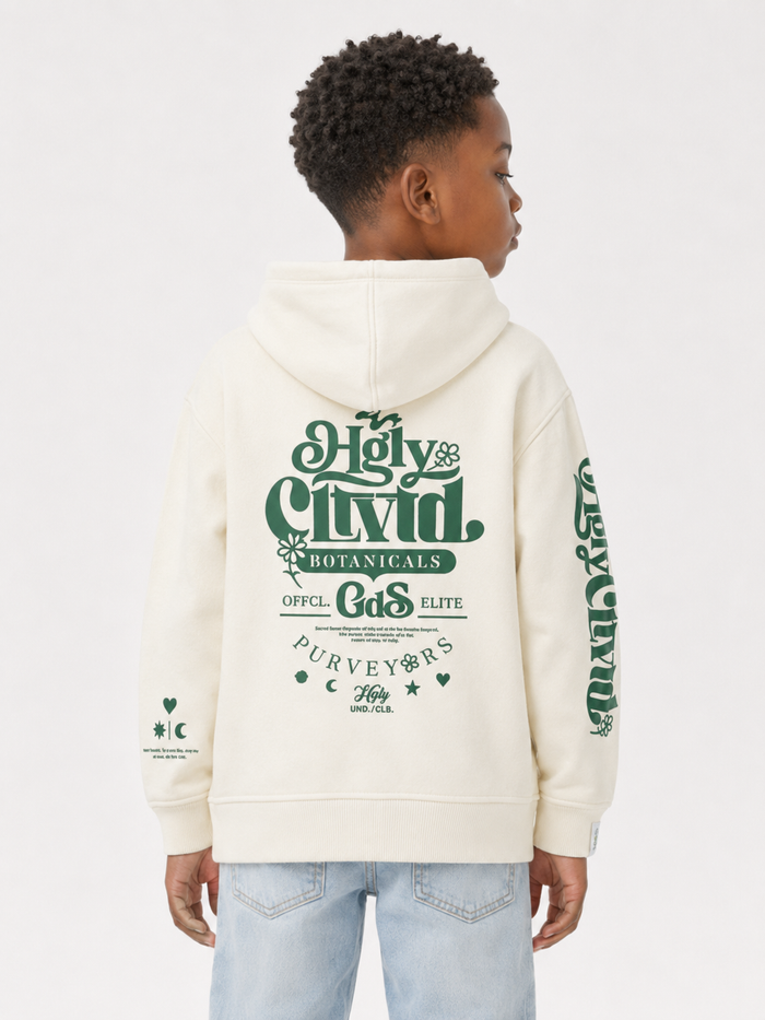 Kids hoodie by Highly Undrtd Kids, botanical design in ivory and green, comfortable cotton blend for children.