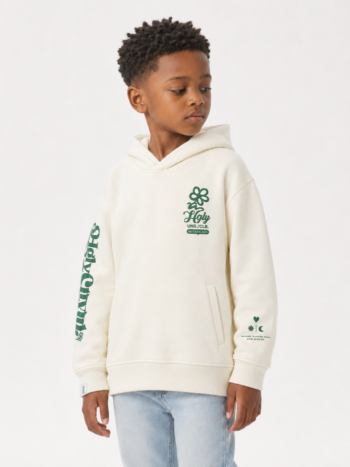 Highly Undrtd Kids botanical hoodie in ivory and green, featuring a stylish design for kids, made by Highly Undrtd Kids.