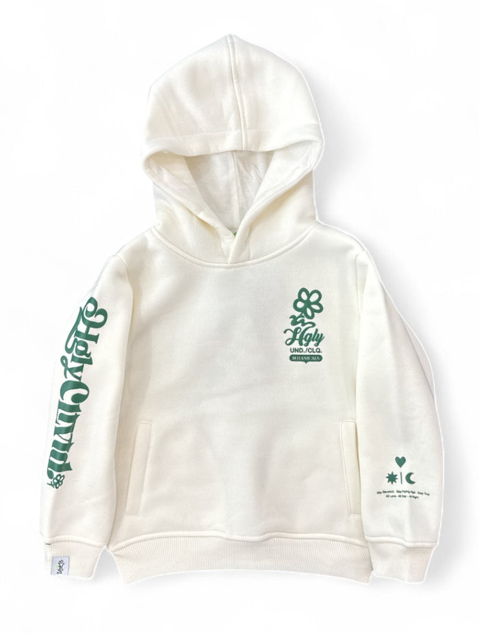 Kids hoodie by Highly Undrtd Kids in ivory and green with botanical print, designed for children, casual and comfortable style.