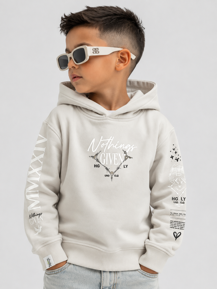 Kids' Highly Undrtd 'Given' hoodie in cloud color, soft fabric, and comfortable fit, perfect for casual wear and outdoor activities.