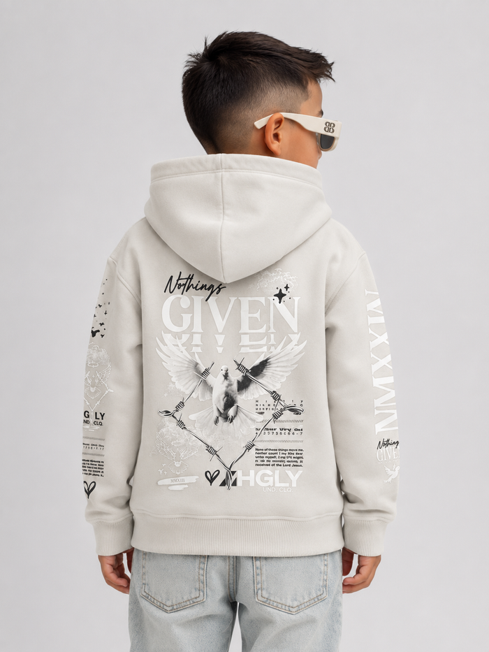Kids' Highly Undrtd 'Given' Hoodie in Cloud color, featuring soft fabric and hood, designed for comfortable children's wear.