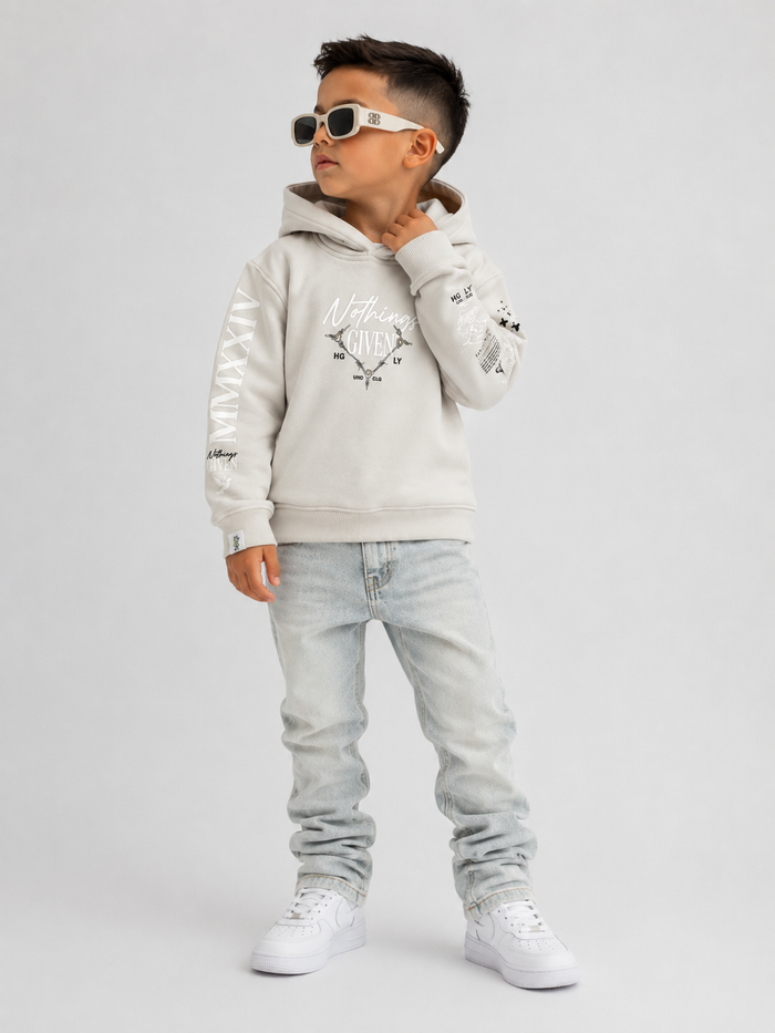 Kids' Highly Undrtd 'Given' hoodie in cloud color, featuring a cozy design and brand logo, perfect for children.