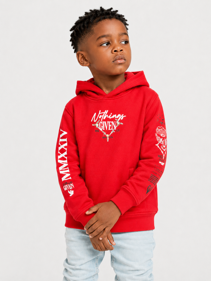 Red Highly Undrtd Kids 'Given' hoodie for kids, featuring soft fabric and a comfortable fit, displayed on a hanger.