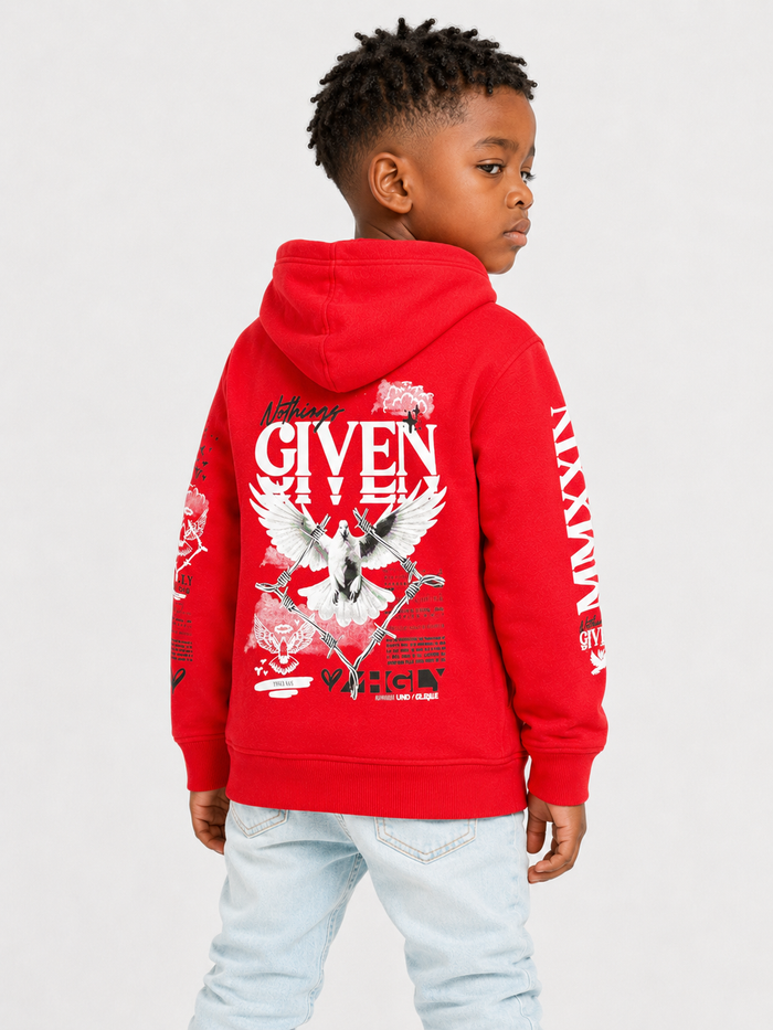 Red Highly Undrtd Kids 'Given' hoodie for kids, with front pocket and hood, made from soft, comfortable fabric.