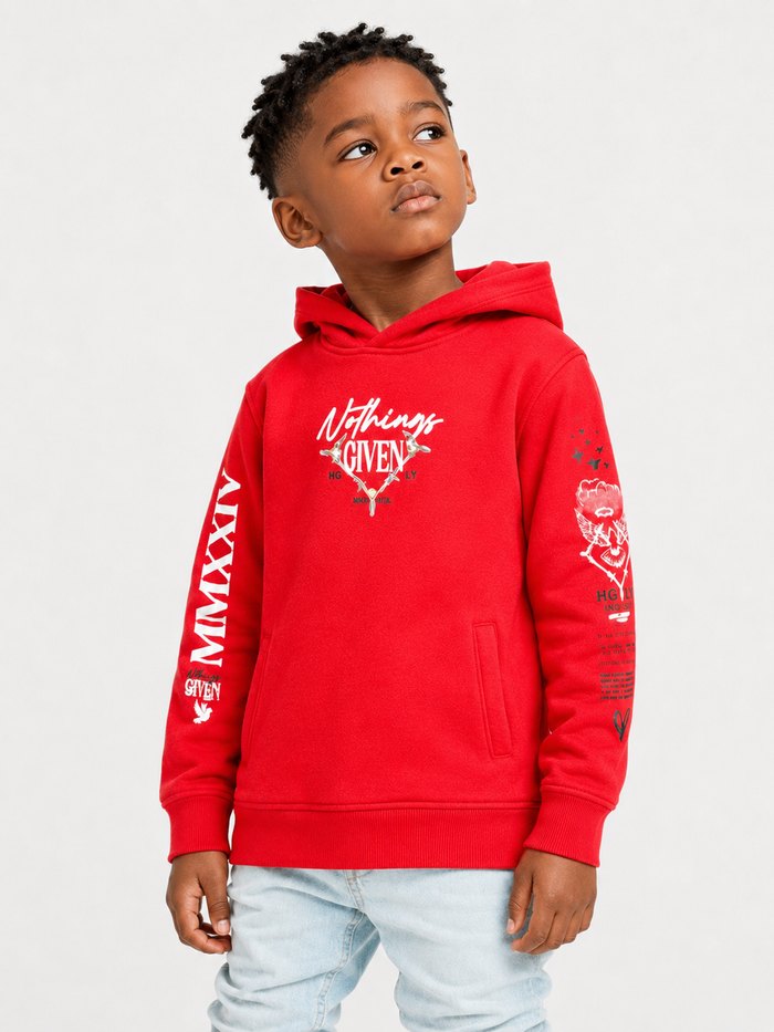 Red Highly Undrtd Kids 'Given' hoodie for kids, made of soft fabric with front pockets and a cozy hood.