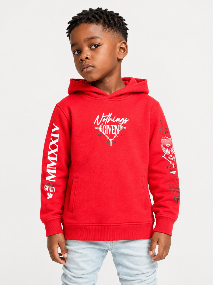 Red Highly Undrtd Kids 'Given' hoodie for kids, showing front view with logo, soft fabric, and comfortable fit.