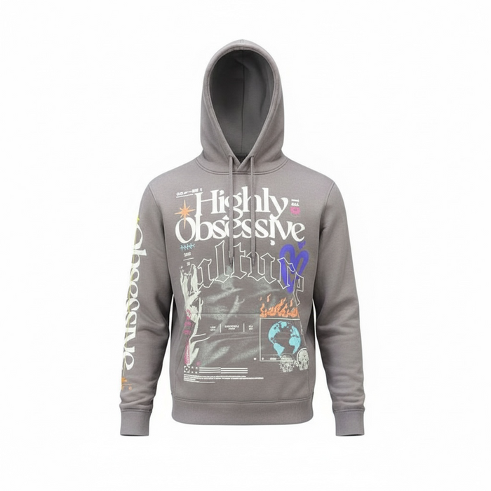 Highly Undrtd Obsessive Culture hoodie in storm color, featuring a casual fit and logo design on the front.