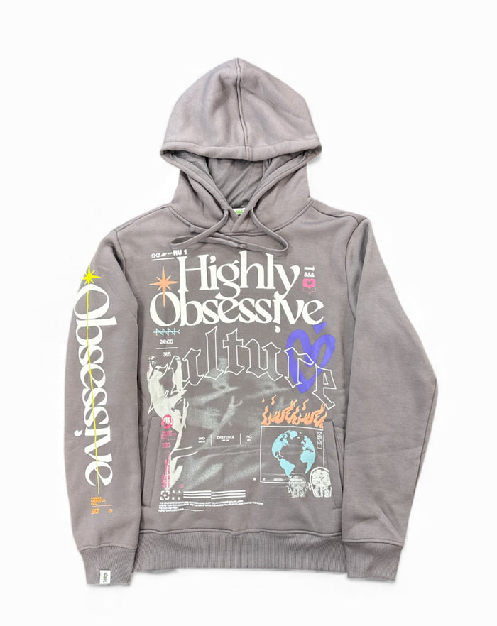 Highly Undrtd Obsessive Culture hoodie in storm color, featuring a relaxed fit and bold graphic design on soft fabric.