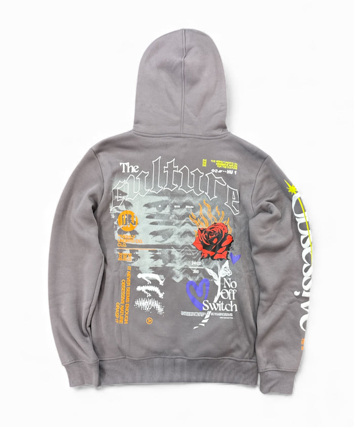 Highly Undrtd Obsessive Culture hoodie in storm color, featuring a comfortable fit and stylish design, front view.