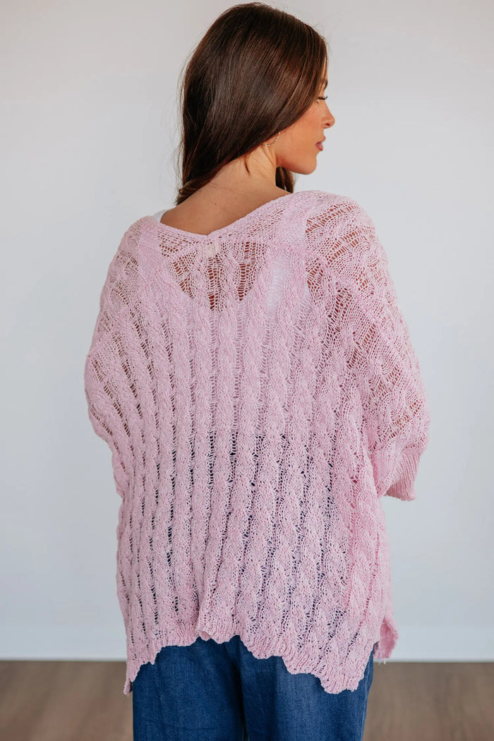 Hollowed Pattern Knit Drop Shoulder Open Sweater Cardigan – Pink
