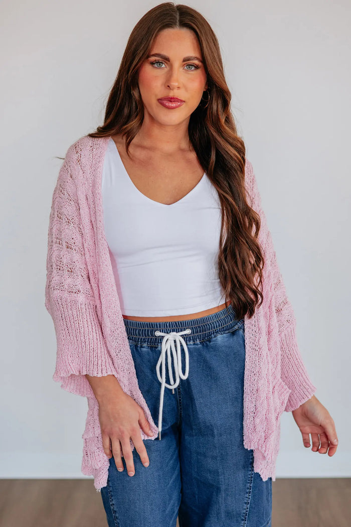 Hollowed Pattern Knit Drop Shoulder Open Sweater Cardigan – Pink