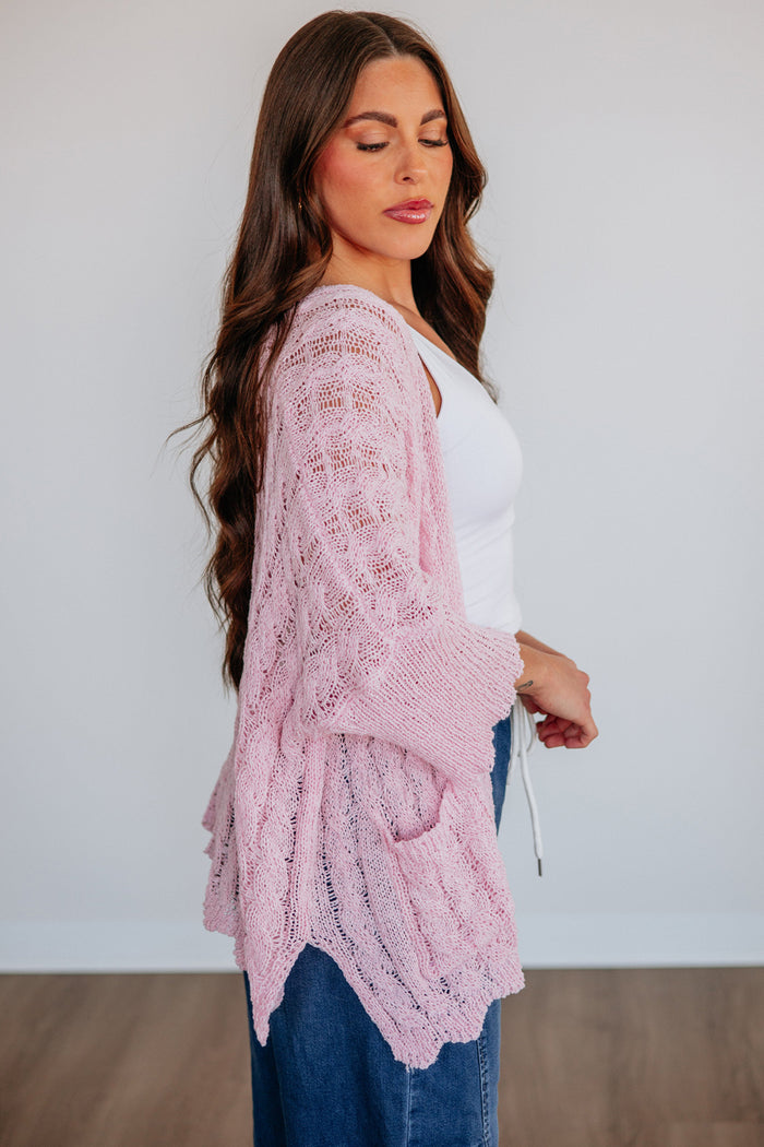 Hollowed Pattern Knit Drop Shoulder Open Sweater Cardigan – Pink