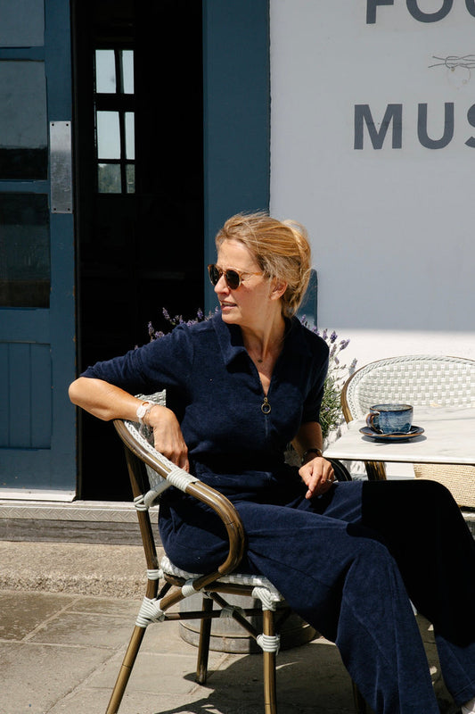 'Honor' Wide Leg Jumpsuit | Navy Stretch Towelling