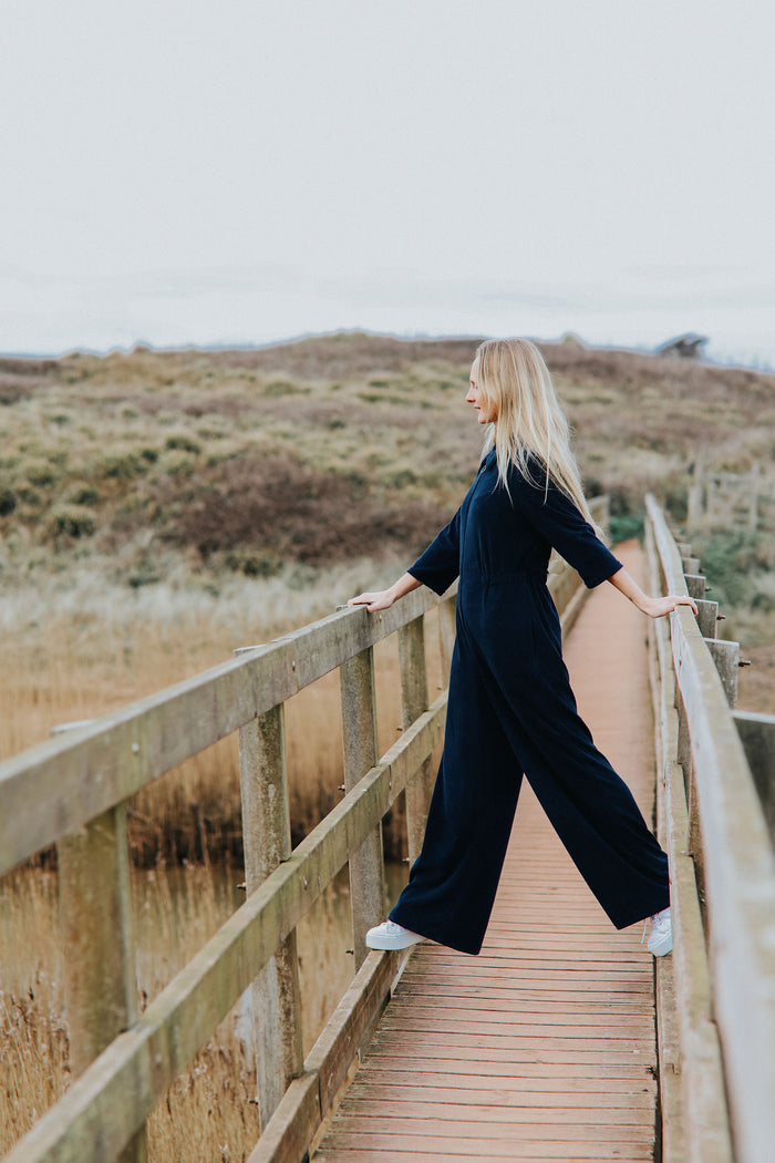 'Honor' Wide Leg Jumpsuit | Navy Stretch Towelling
