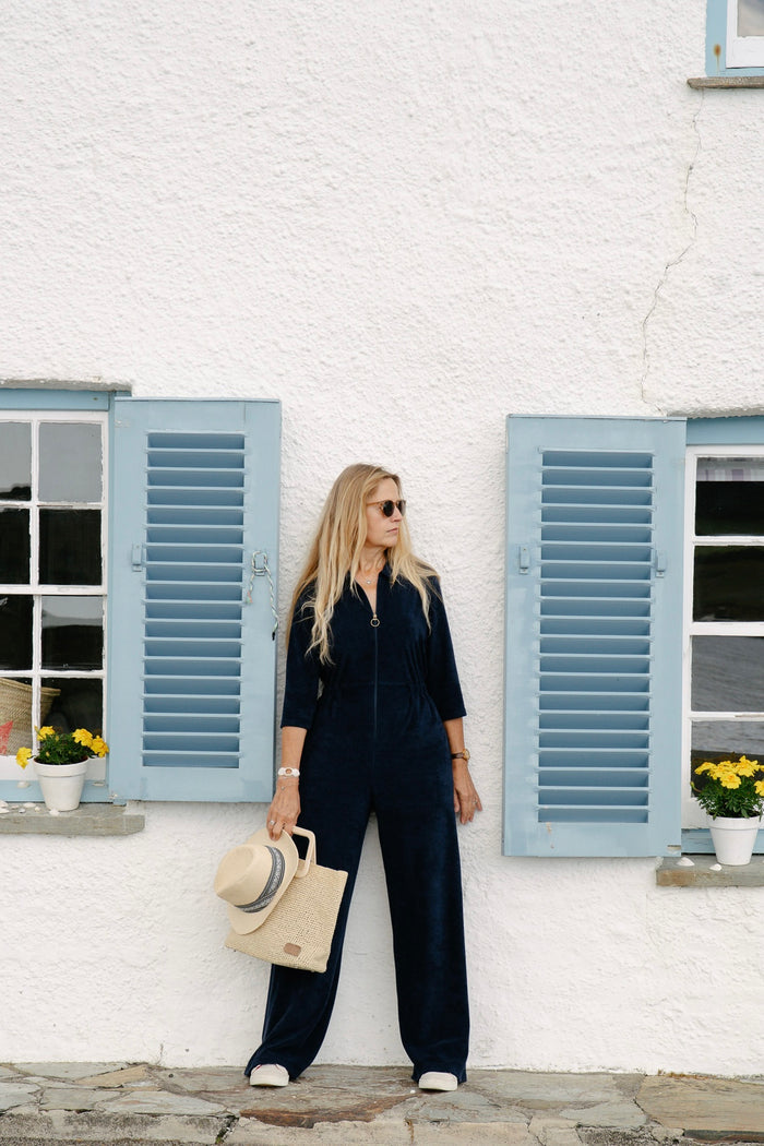 'Honor' Wide Leg Jumpsuit | Navy Stretch Towelling
