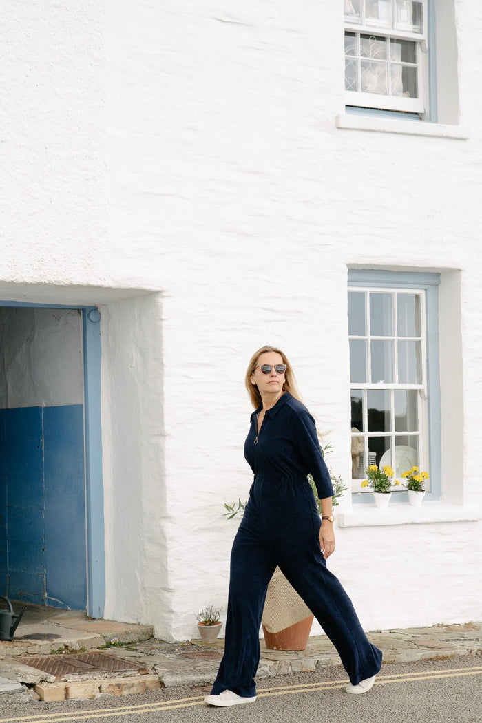 'Honor' Wide Leg Jumpsuit | Navy Stretch Towelling