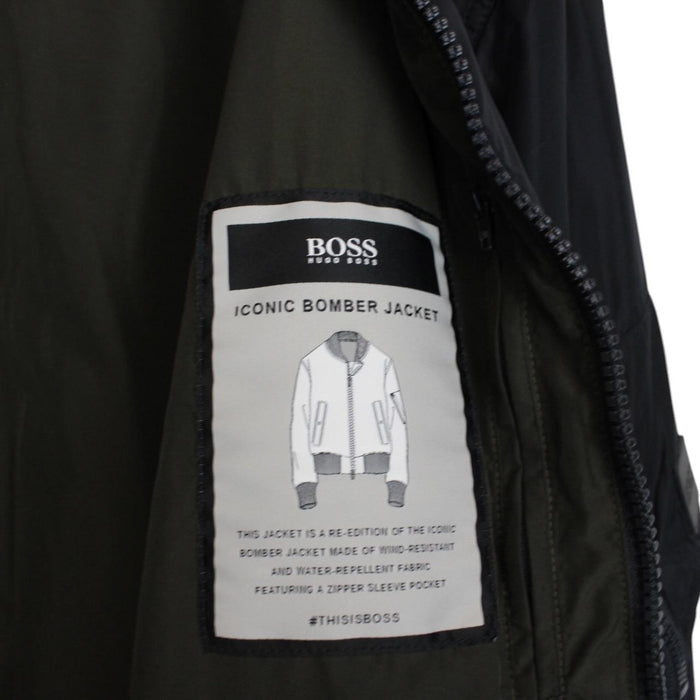 Hugo Boss navy blue bomber jacket full zip nylon with logo detail.